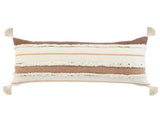 14" X 36" White And Brown Lumbar Beach Striped Cotton Throw Pillow Cover with Tassels Tufts And Texture