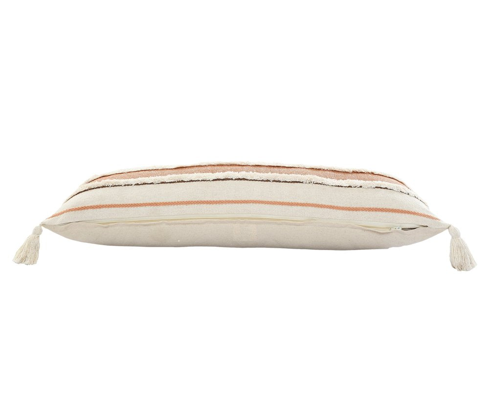 14" X 36" White And Brown Lumbar Beach Striped Cotton Throw Pillow Cover with Tassels Tufts And Texture