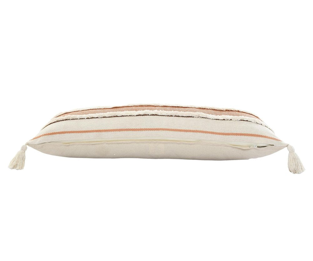 14" X 36" White And Brown Lumbar Beach Striped Cotton Throw Pillow Cover with Tassels Tufts And Texture