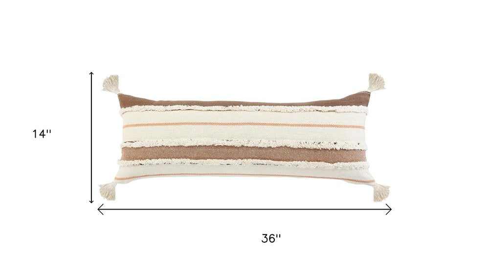 14" X 36" White And Brown Lumbar Beach Striped Cotton Throw Pillow Cover with Tassels Tufts And Texture