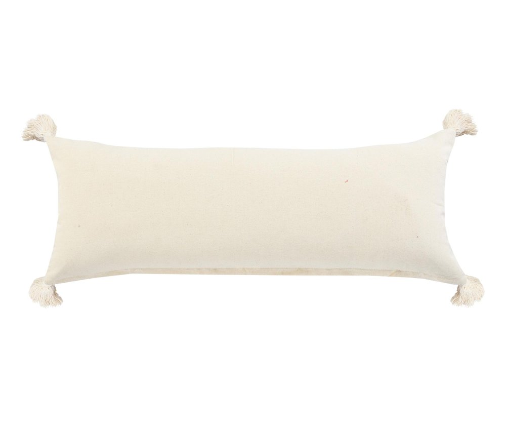 14" X 36" White And Brown Lumbar Beach Striped Cotton Throw Pillow Cover with Tassels Tufts And Texture