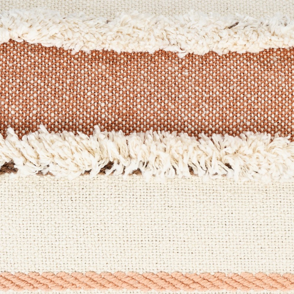 14" X 36" White And Brown Lumbar Beach Striped Cotton Throw Pillow Cover with Tassels Tufts And Texture