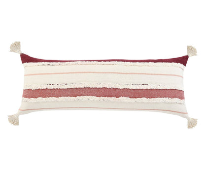 14" X 36" Off White And Maroon Lumbar Beach Striped Cotton Throw Pillow Cover with Tassels