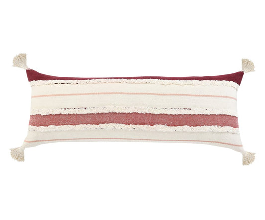 14" X 36" Off White And Maroon Lumbar Beach Striped Cotton Throw Pillow Cover with Tassels