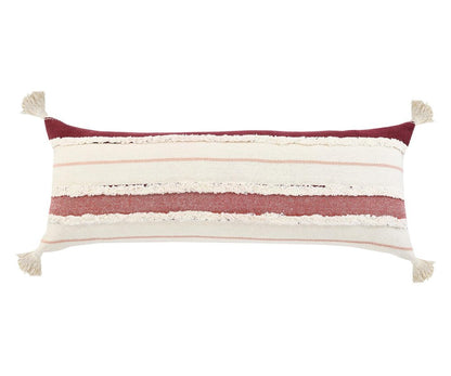14" X 36" Off White And Maroon Lumbar Beach Striped Cotton Throw Pillow Cover with Tassels