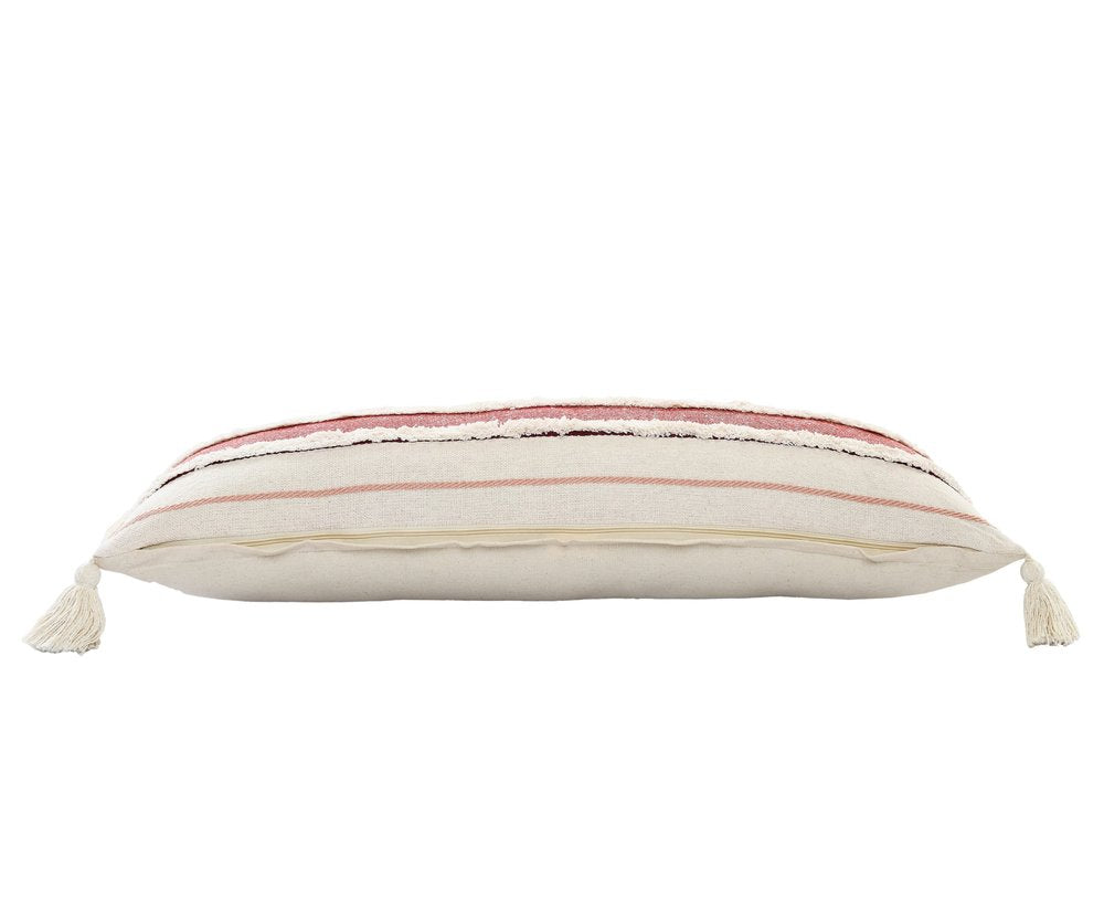14" X 36" Off White And Maroon Lumbar Beach Striped Cotton Throw Pillow Cover with Tassels