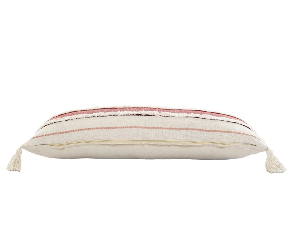 14" X 36" Off White And Maroon Lumbar Beach Striped Cotton Throw Pillow Cover with Tassels