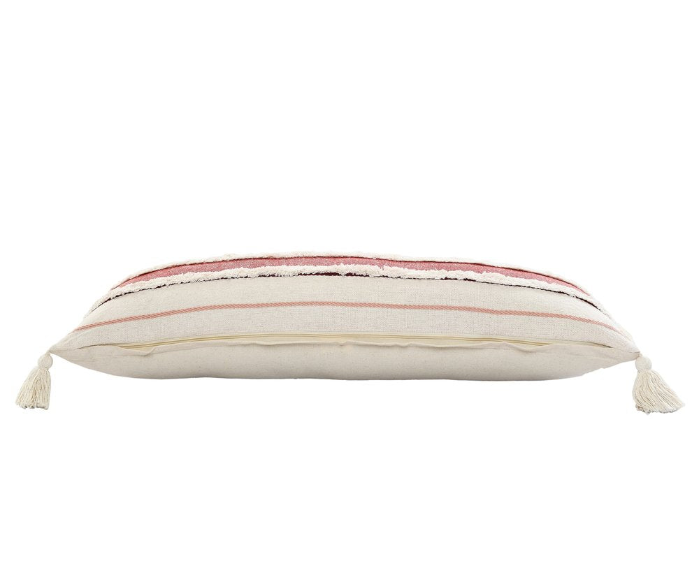 14" X 36" Off White And Maroon Lumbar Beach Striped Cotton Throw Pillow Cover with Tassels