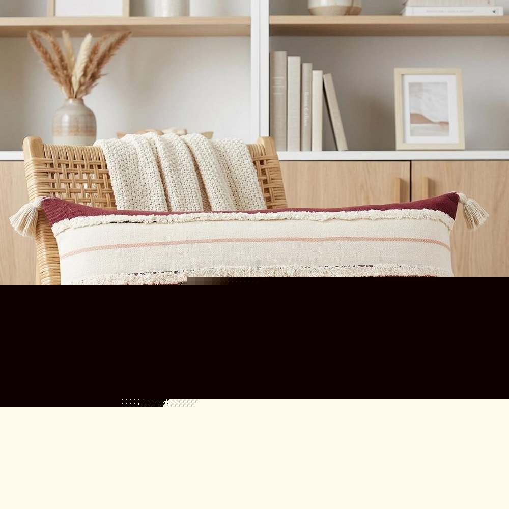 14" X 36" Off White And Maroon Lumbar Beach Striped Cotton Throw Pillow Cover with Tassels