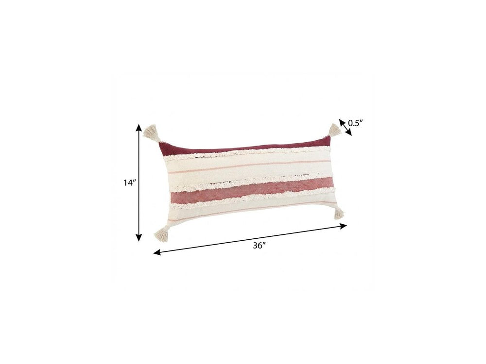 14" X 36" Off White And Maroon Lumbar Beach Striped Cotton Throw Pillow Cover with Tassels