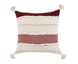 20" Off White And Maroon Beach Striped Cotton Throw Pillow Cover with Tassels