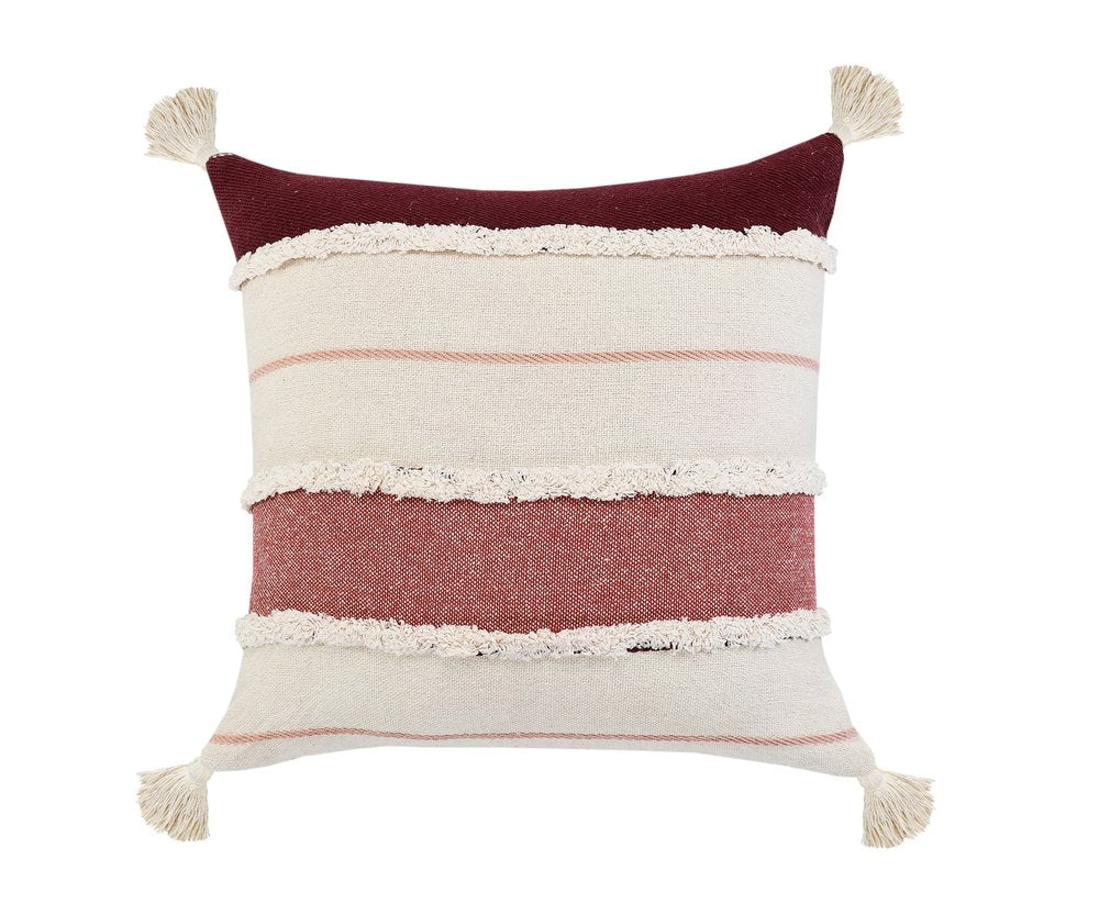 20" Off White And Maroon Beach Striped Cotton Throw Pillow Cover with Tassels