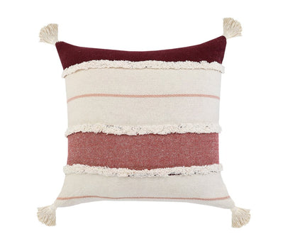20" Off White And Maroon Beach Striped Cotton Throw Pillow Cover with Tassels