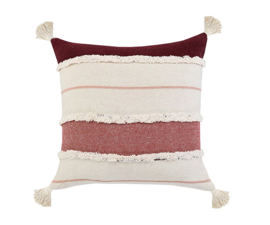 20" Off White And Maroon Beach Striped Cotton Throw Pillow Cover with Tassels