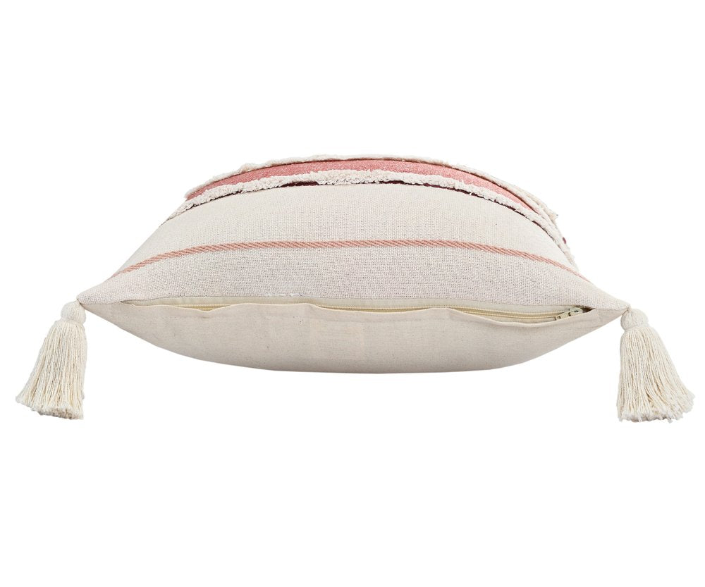 20" Off White And Maroon Beach Striped Cotton Throw Pillow Cover with Tassels