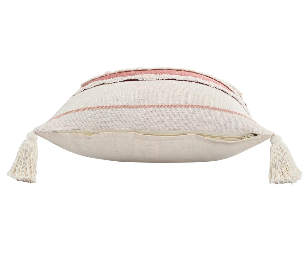 20" Off White And Maroon Beach Striped Cotton Throw Pillow Cover with Tassels