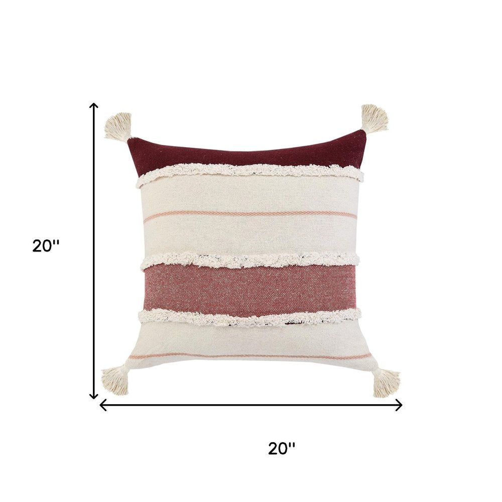 20" Off White And Maroon Beach Striped Cotton Throw Pillow Cover with Tassels