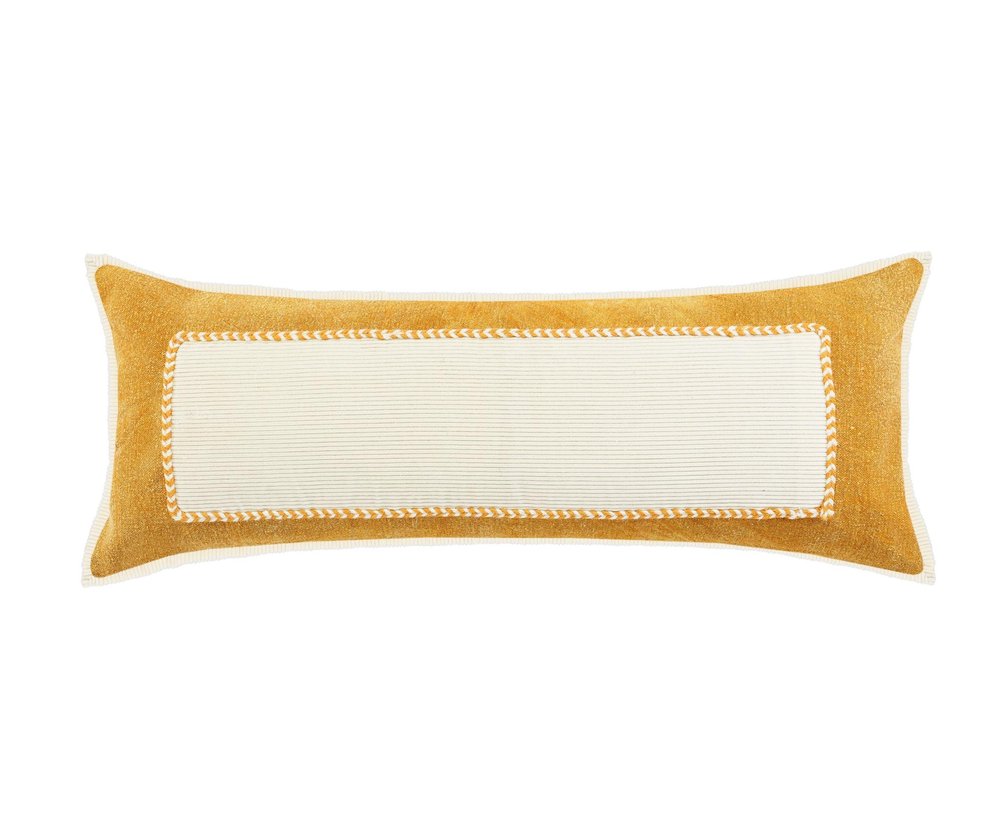 14" X 36" Yellow And White Lumbar Beach Color Block Cotton Throw Pillow Cover with Texture