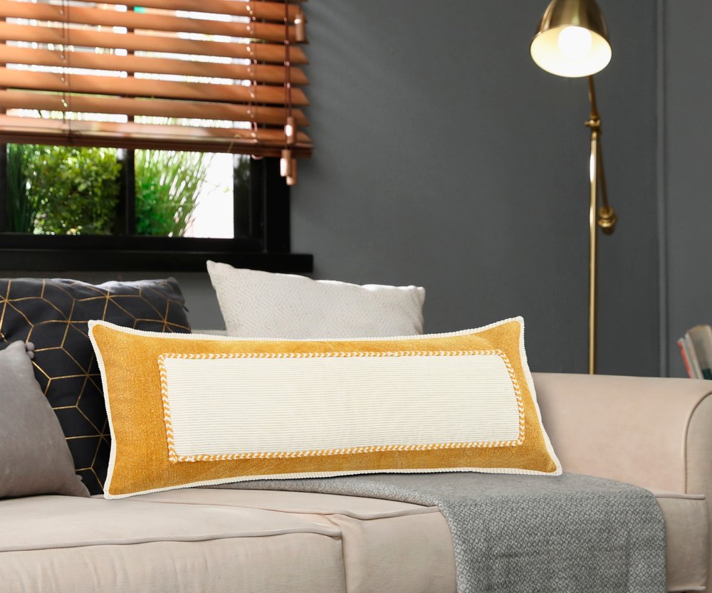 14" X 36" Yellow And White Lumbar Beach Coastal Cotton Throw Pillow Cover