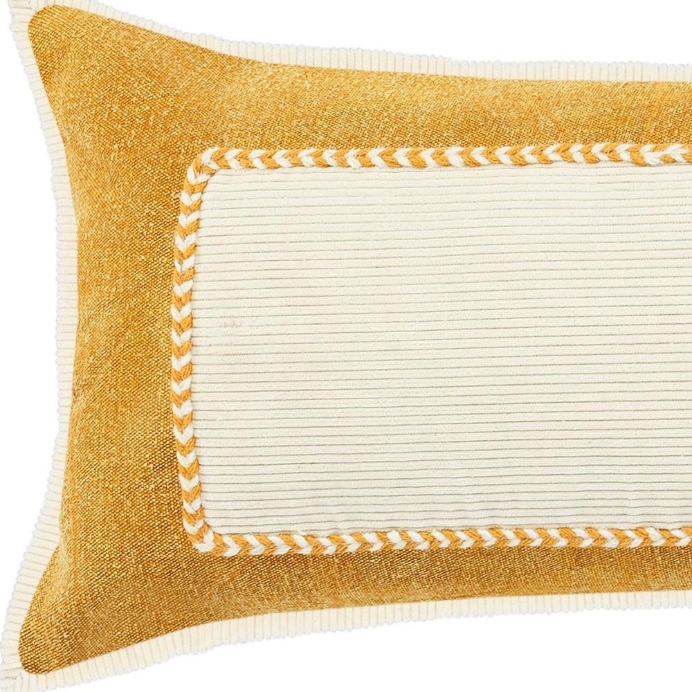 14" X 36" Yellow And White Lumbar Beach Color Block Cotton Throw Pillow Cover with Texture