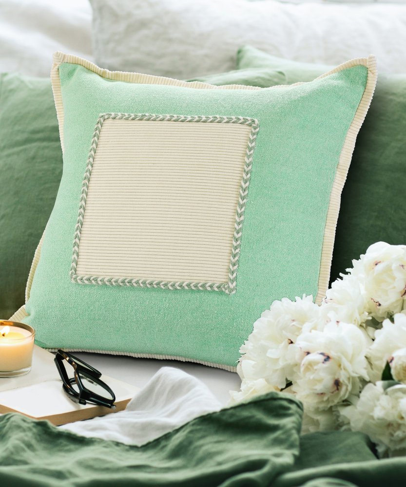 20" Green And White Beach Coastal Cotton Throw Pillow Cover