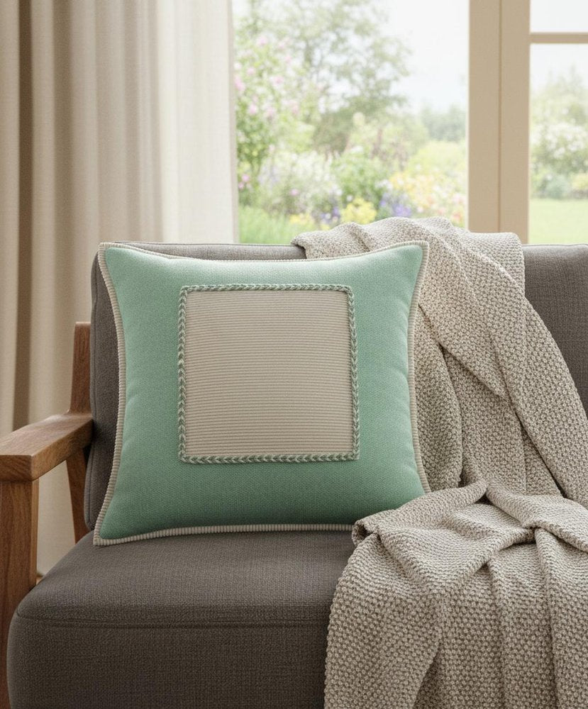 20" Green And White Beach Color Block Cotton Throw Pillow Cover with Texture