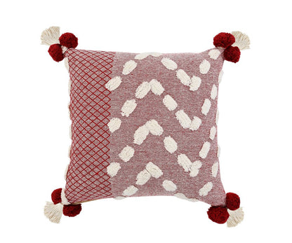 20" Red And White Geometric Cotton Throw Pillow Cover with Tassels Tufts And Texture