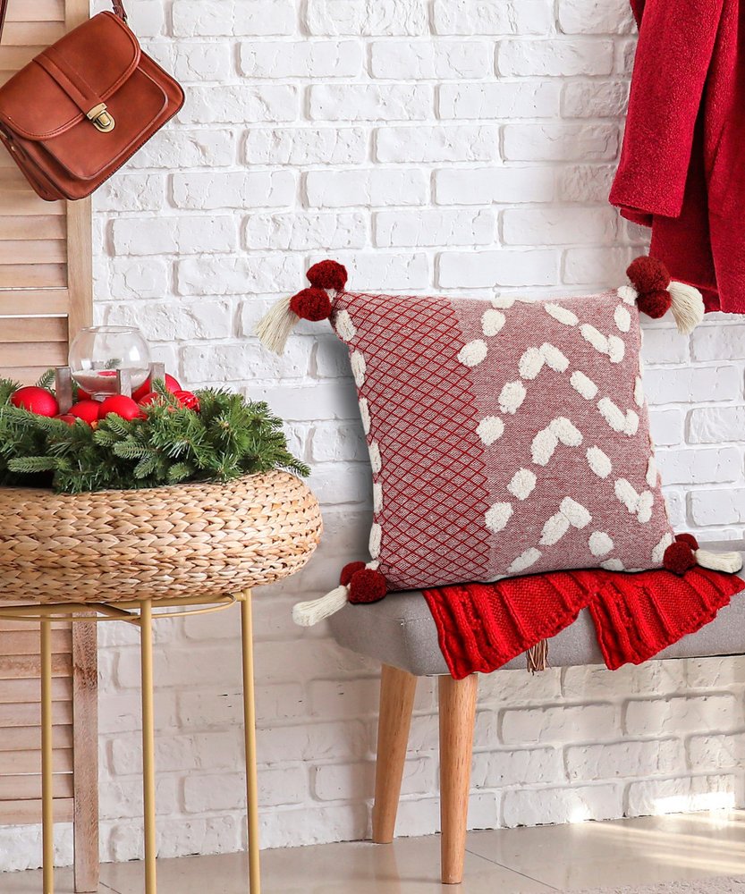 20" Red And White Geometric Cotton Throw Pillow Cover