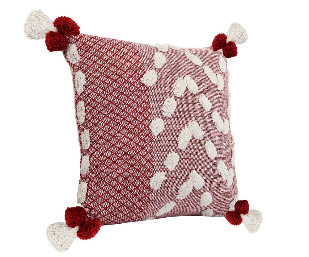 20" Red And White Geometric Cotton Throw Pillow Cover with Tassels Tufts And Texture