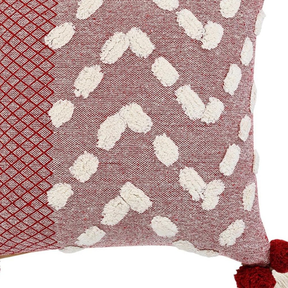 20" Red And White Geometric Cotton Throw Pillow Cover with Tassels Tufts And Texture