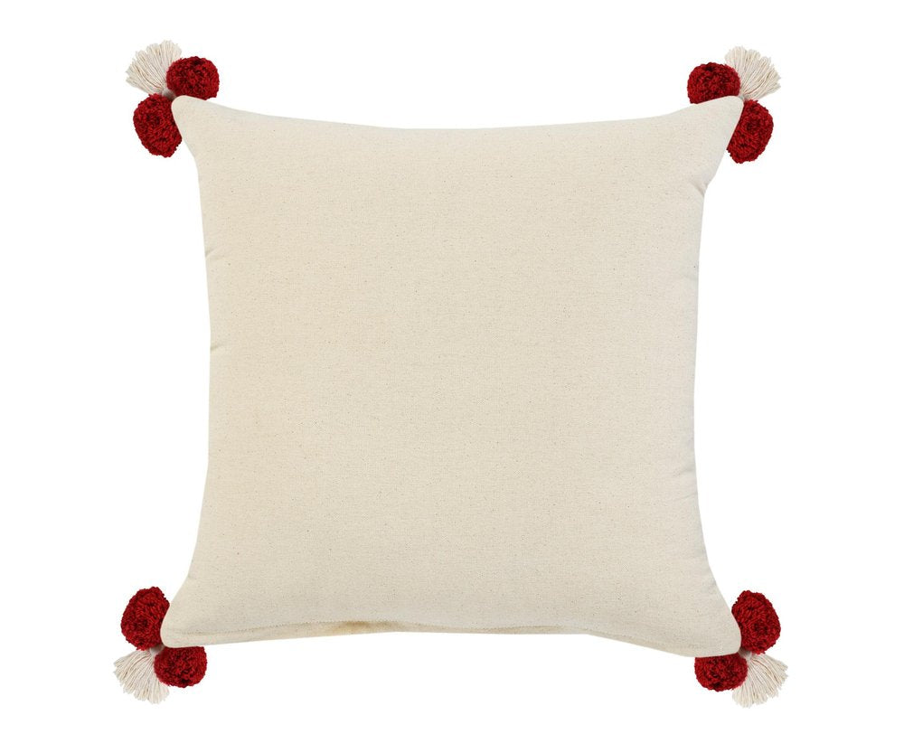 20" Red And White Geometric Cotton Throw Pillow Cover with Tassels Tufts And Texture