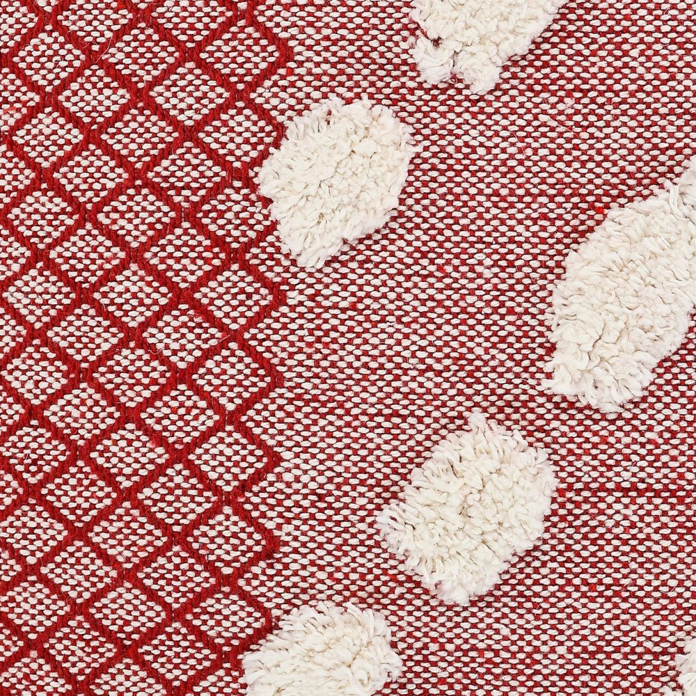 20" Red And White Geometric Cotton Throw Pillow Cover with Tassels Tufts And Texture