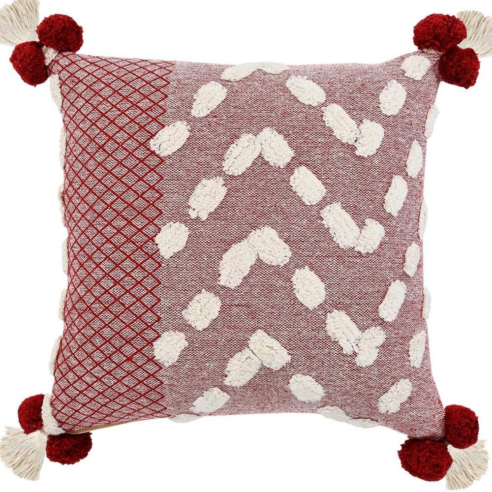 20" Red And White Geometric Cotton Throw Pillow Cover with Tassels Tufts And Texture