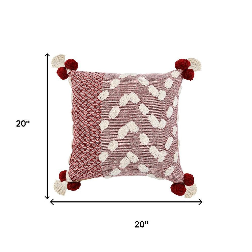 20" Red And White Geometric Cotton Throw Pillow Cover with Tassels Tufts And Texture