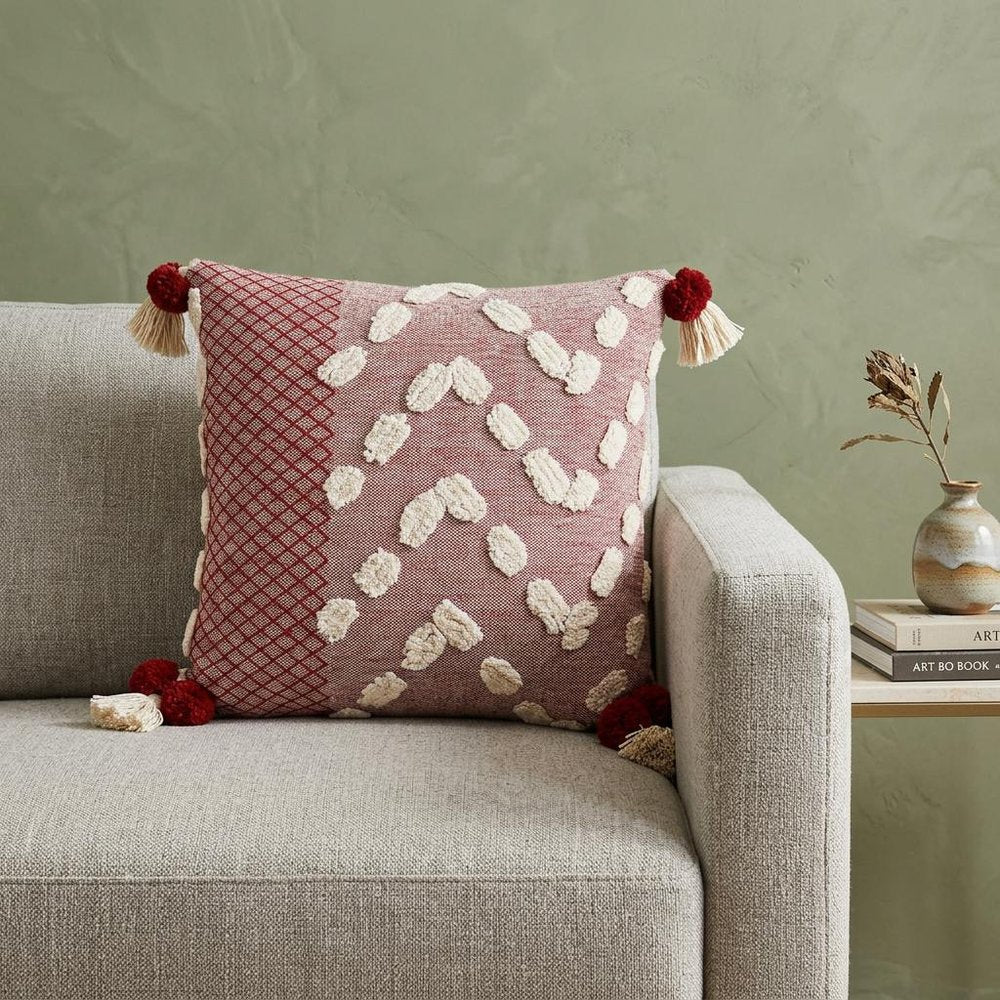 20" Red And White Geometric Cotton Throw Pillow Cover with Tassels Tufts And Texture