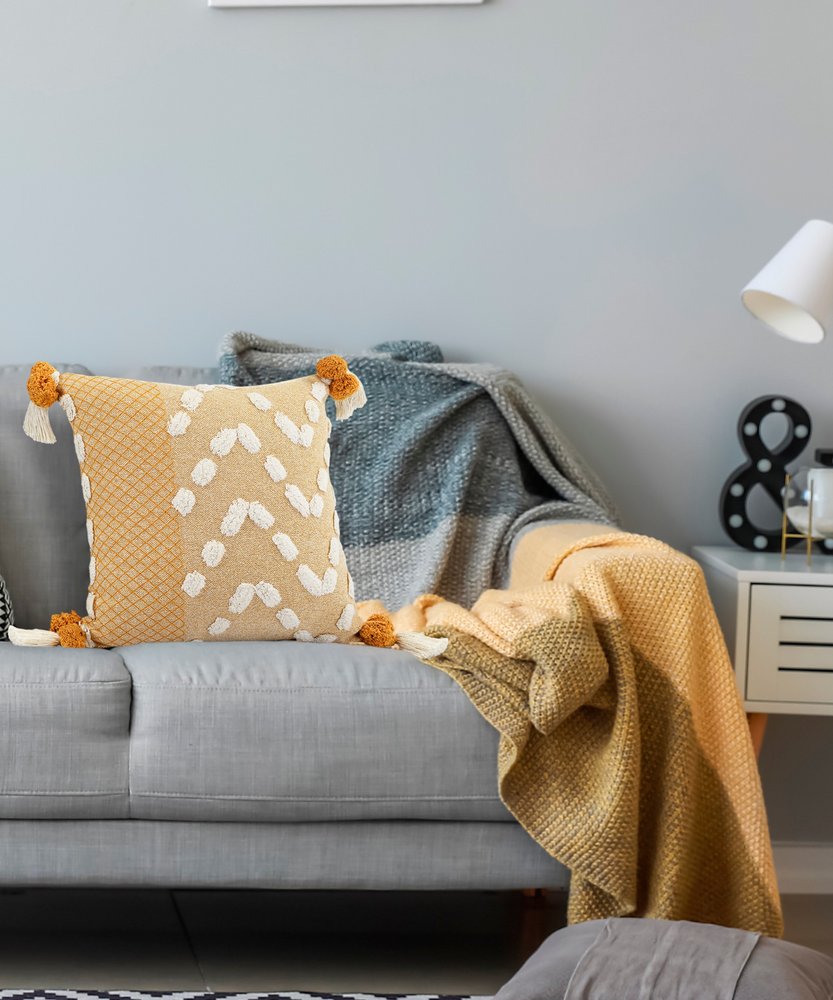 20" Yellow And White Geometric Cotton Throw Pillow Cover