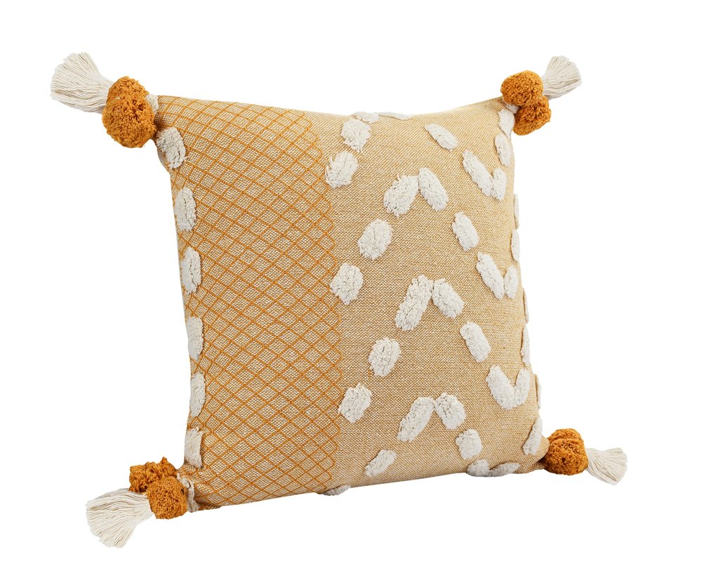 20" Yellow And White Geometric Cotton Throw Pillow Cover with Tassels Tufts And Texture