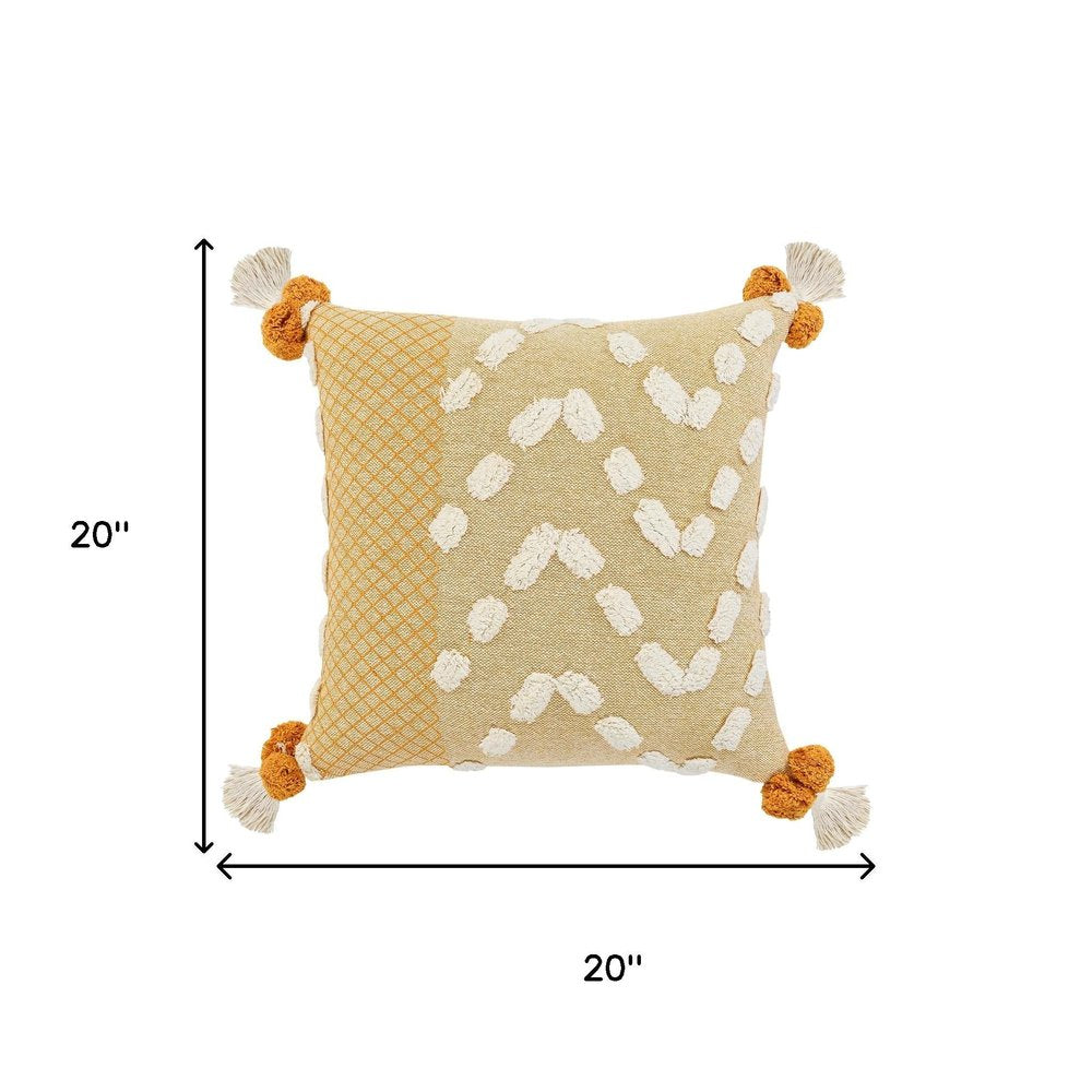20" Yellow And White Geometric Cotton Throw Pillow Cover with Tassels Tufts And Texture