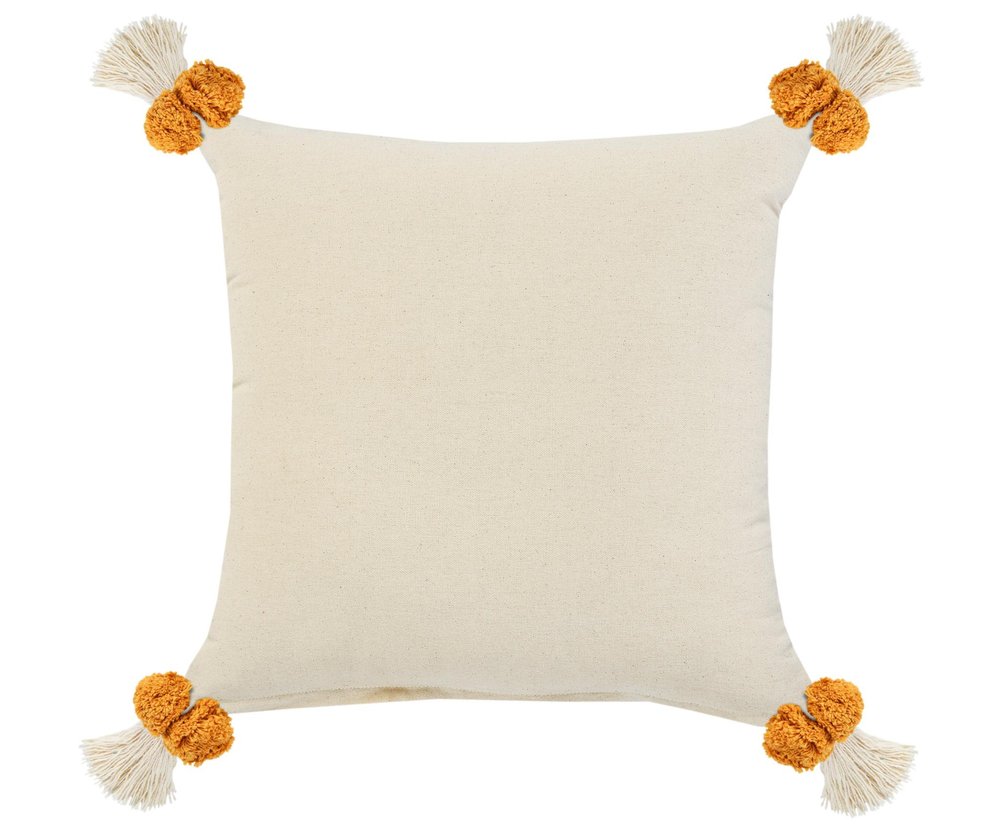 20" Yellow And White Geometric Cotton Throw Pillow Cover with Tassels Tufts And Texture