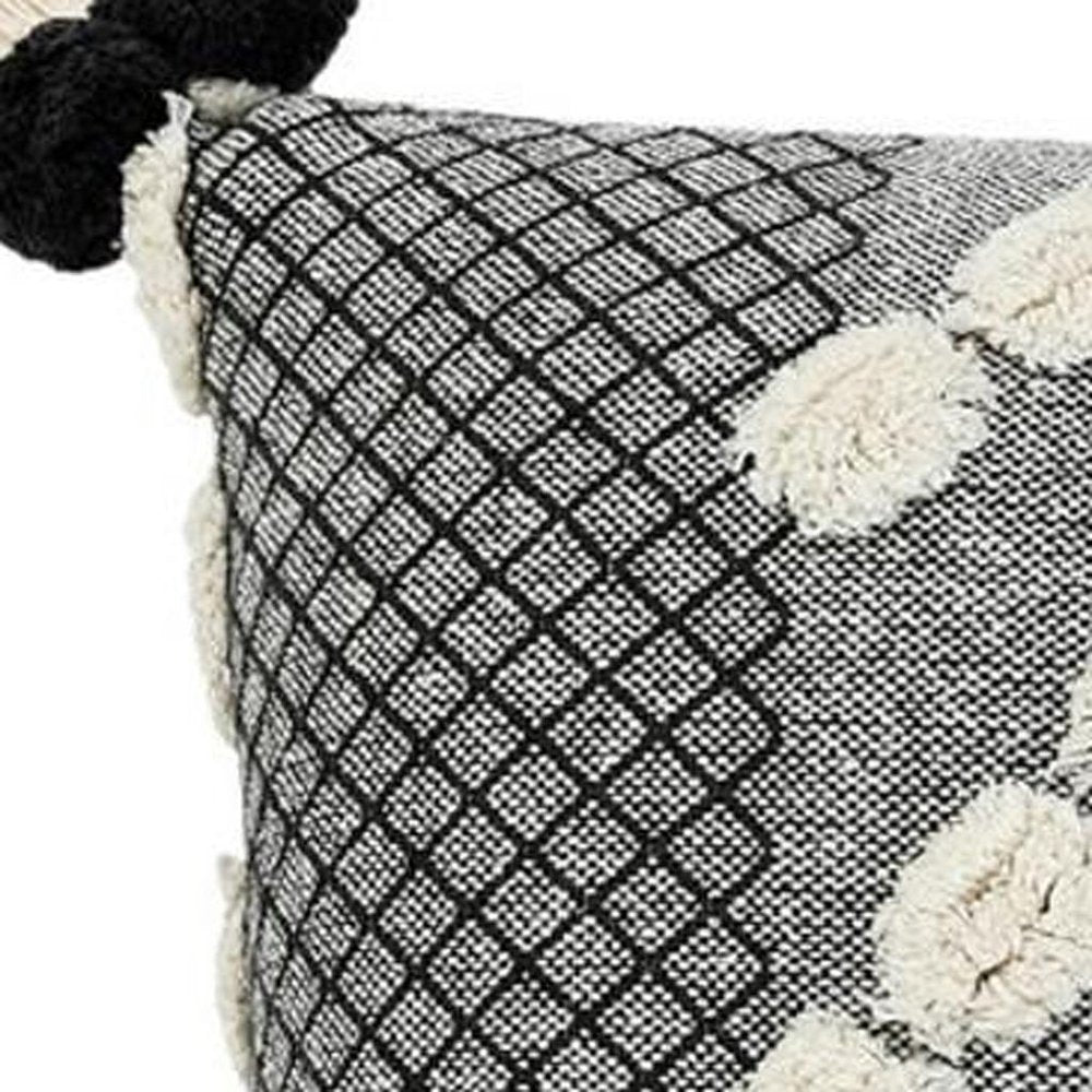 20" Gray And White Geometric Cotton Throw Pillow Cover with Tassels Tufts And Texture
