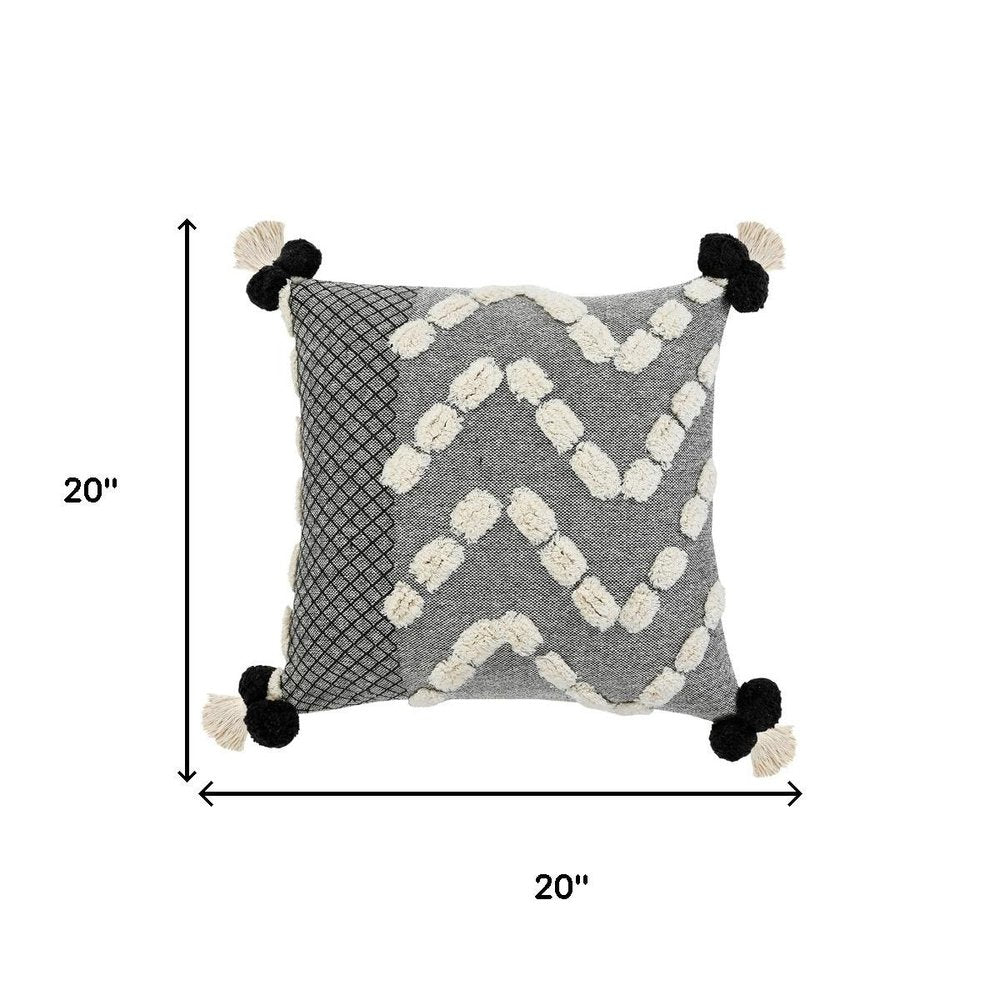 20" Gray And White Geometric Cotton Throw Pillow Cover with Tassels Tufts And Texture
