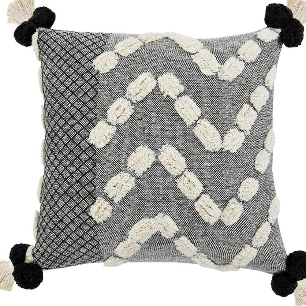 20" Gray And White Geometric Cotton Throw Pillow Cover with Tassels Tufts And Texture