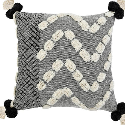 20" Gray And White Geometric Cotton Throw Pillow Cover with Tassels Tufts And Texture
