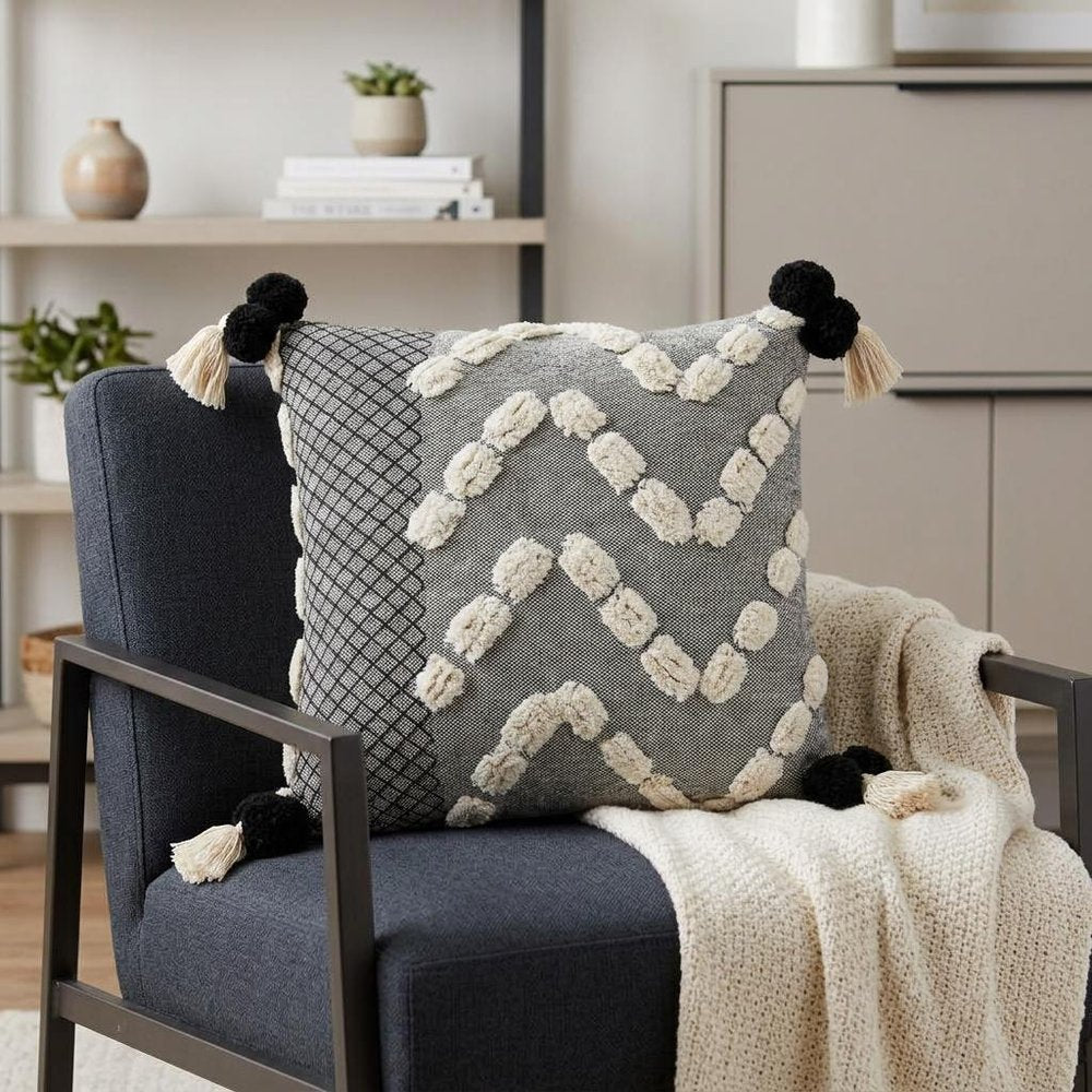 20" Gray And White Geometric Cotton Throw Pillow Cover with Tassels Tufts And Texture