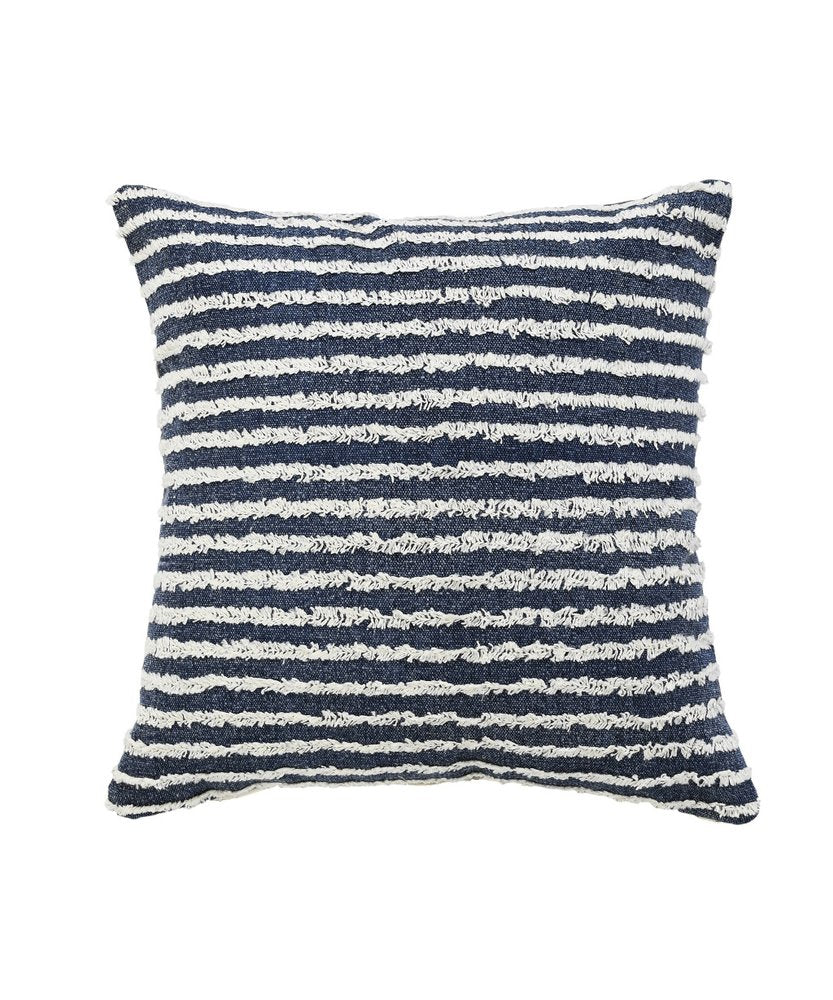 20" Blue And White Striped Cotton Throw Pillow Cover with Tufts