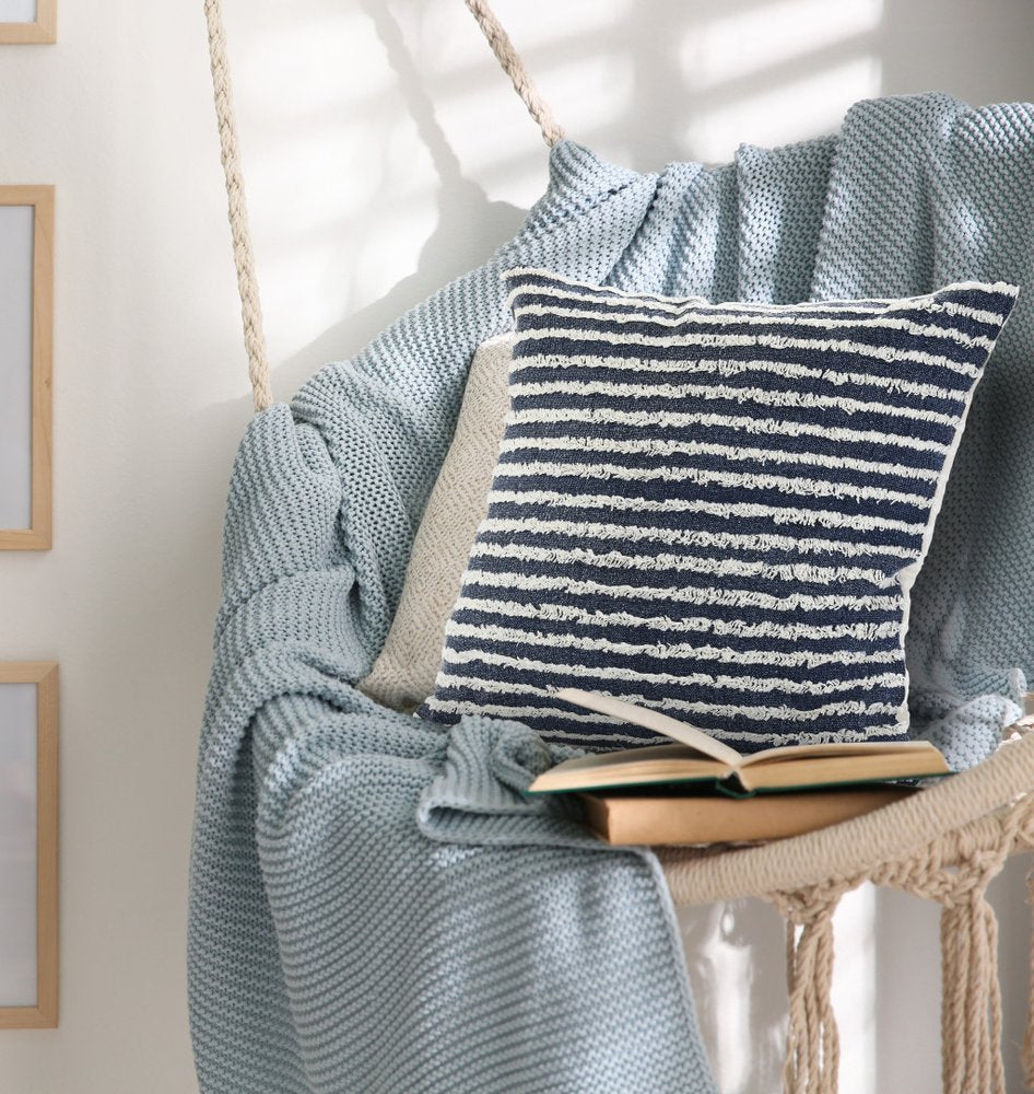 20" Blue And White Striped Cotton Throw Pillow Cover
