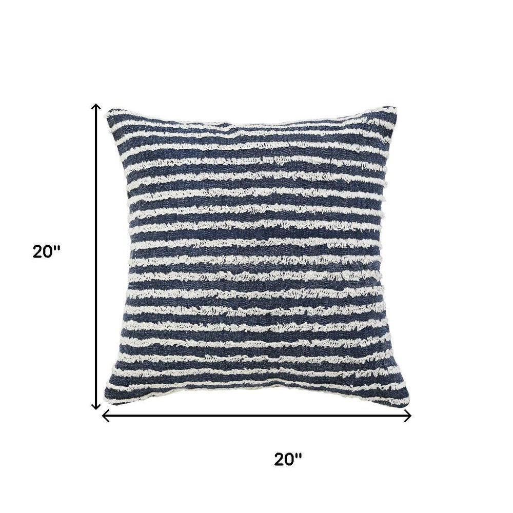 20" Blue And White Striped Cotton Throw Pillow Cover with Tufts