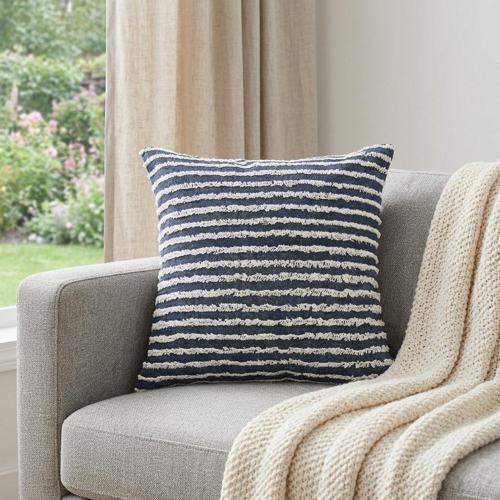 20" Blue And White Striped Cotton Throw Pillow Cover with Tufts