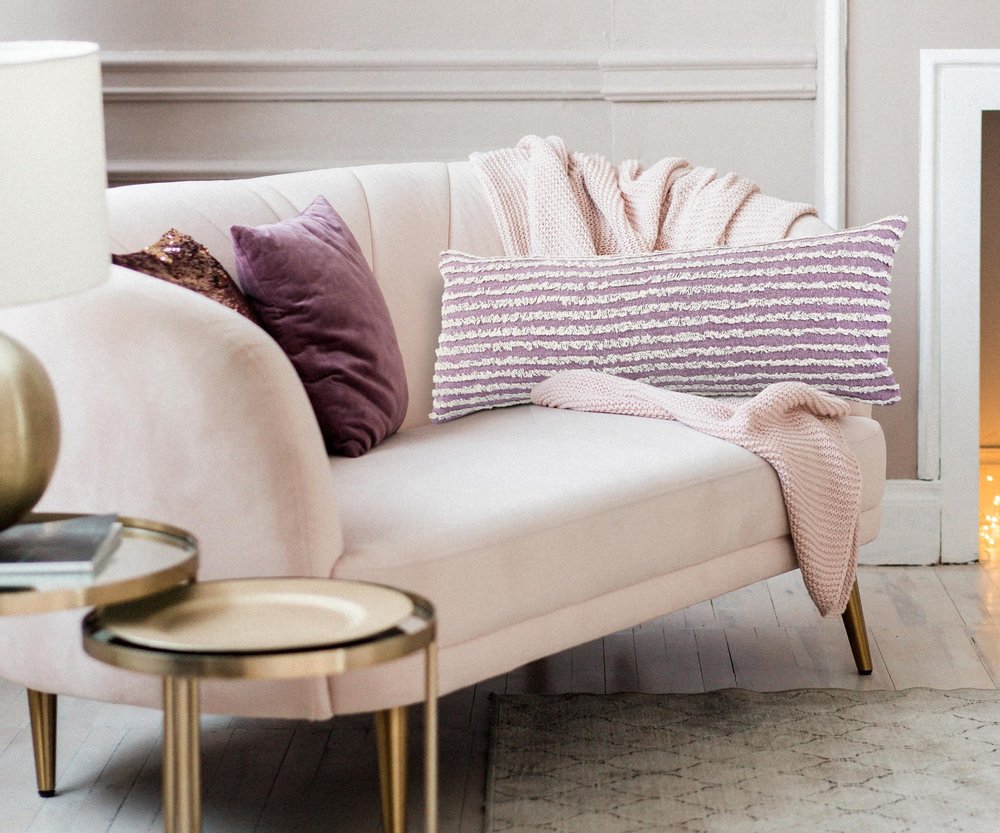 14" X 36" Lavender And Off White Lumbar Striped Cotton Throw Pillow Cover with Tufts