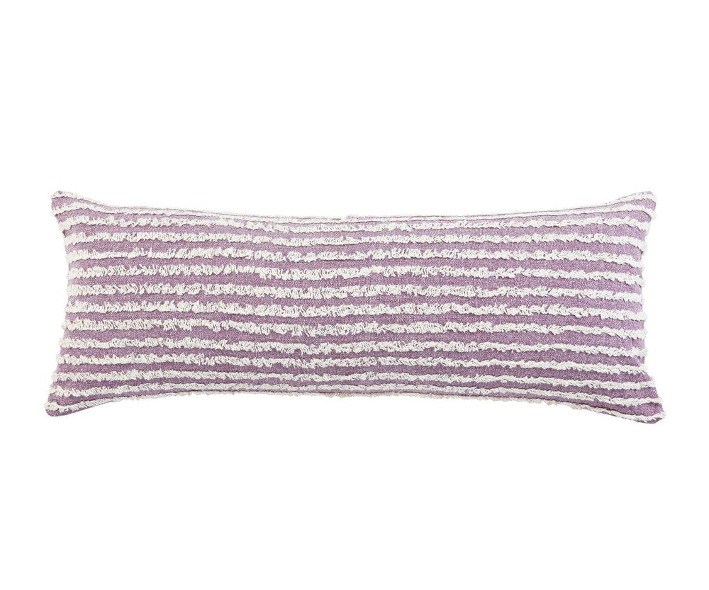 14" X 36" Lavender And Off White Lumbar Striped Cotton Throw Pillow Cover with Tufts